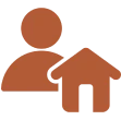 Person and house icon, brown on black