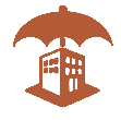 Insurance icon: buildings under umbrella